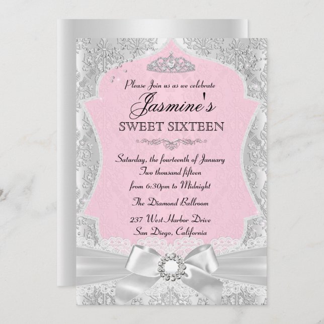 Silver Pink Damask Bow Sweet 16 Einladung (Vorne/Hinten)