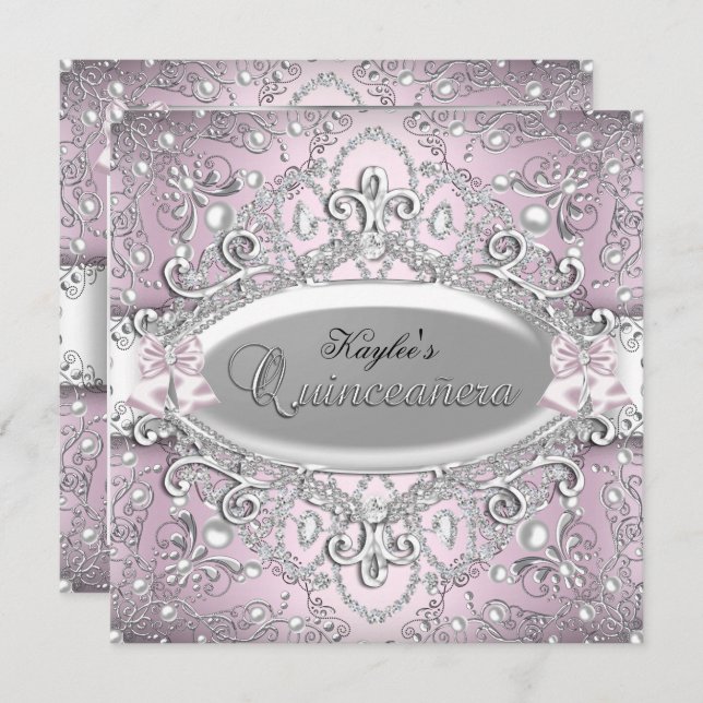 Silver & Pink Damask Pearl Quinceanera Einladung (Vorne/Hinten)