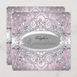 Silver & Pink Damask Pearl Quinceanera Einladung