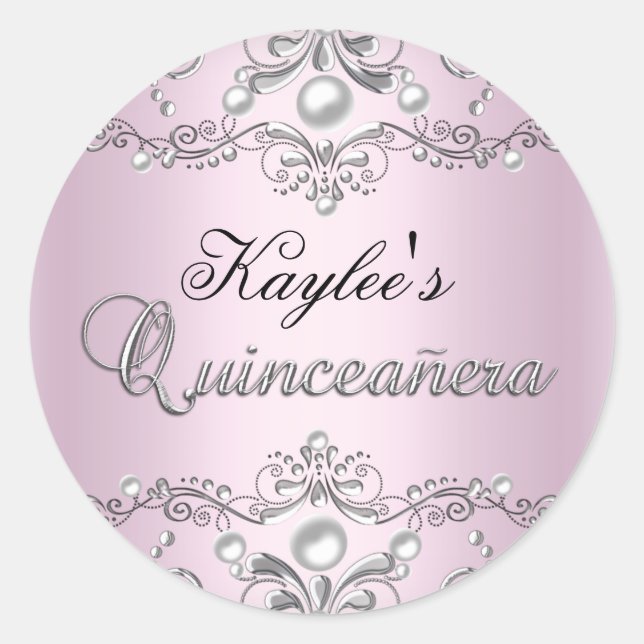Silver & Pink Damask Pearl Quinceanera Sticker (Vorderseite)