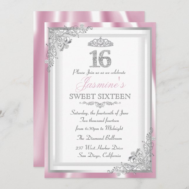 Silver Pink Diamond Damask & Tiara Sweet 16 Einlad Einladung (Vorne/Hinten)