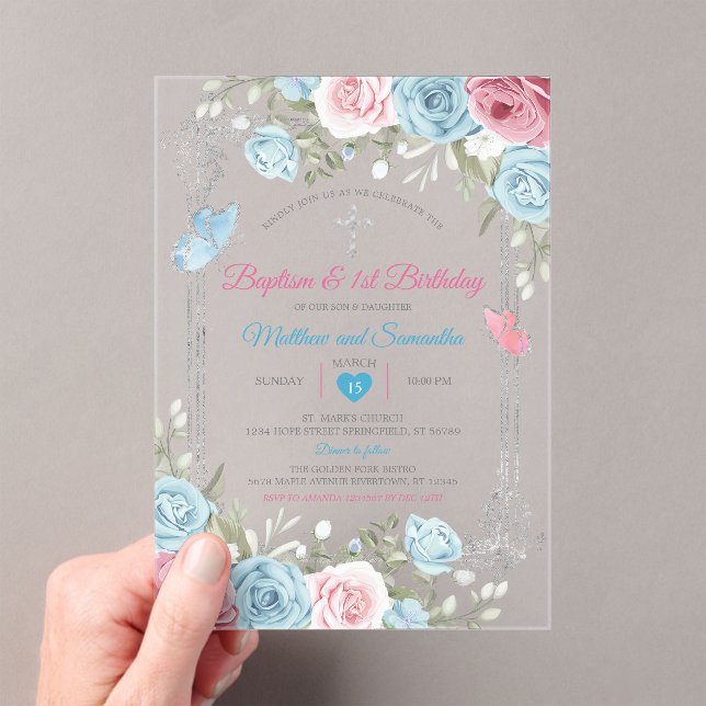 Silver Pink Floral Baby Blue Taufe 1. Geburtstag Acryleinladungen (Insitu (Handheld))