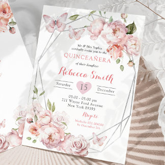 Silver Pink Floral Mexican Girl Sweet 16 Geburtsta Einladung