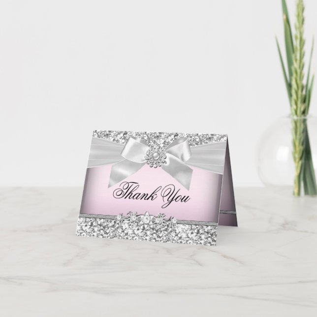 Silver Pink Glitzer & Jewel Bow Danke-Card Dankeskarte (Vorderseite)