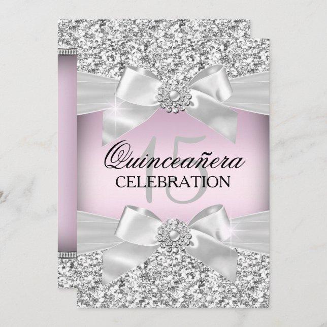 Silver Pink Glitzer & Jewel Bow Quinceanera Einlad Einladung (Vorne/Hinten)