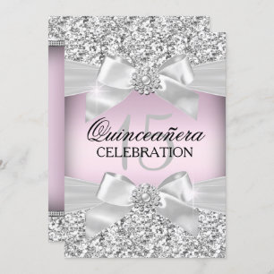 Silver Pink Glitzer & Jewel Bow Quinceanera Einlad Einladung
