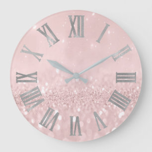Silver Pink Glitzer Minimal Metallic römische Zahl Große Wanduhr