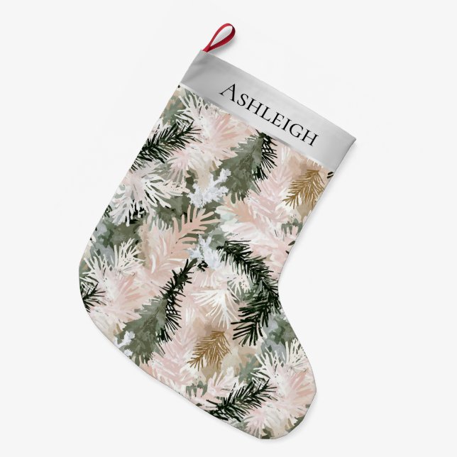 Silver Pink Green Christmas Tree Branches Großer Weihnachtsstrumpf (Vorderansicht (hängend))