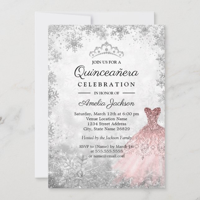 Silver Pink Kleid Schneeflocken Winter Quinceanera Einladung (Vorderseite)