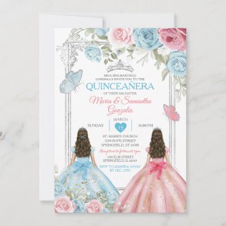 Silver Pink & Pastel Blauer Schmetterling Quinceañ Einladung