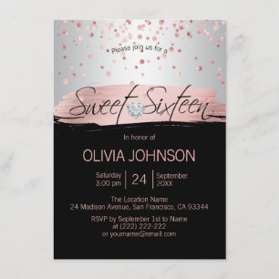 Silver Pink Rose Gold Foil Black 16 . GEBURTSTAG 1 Einladung