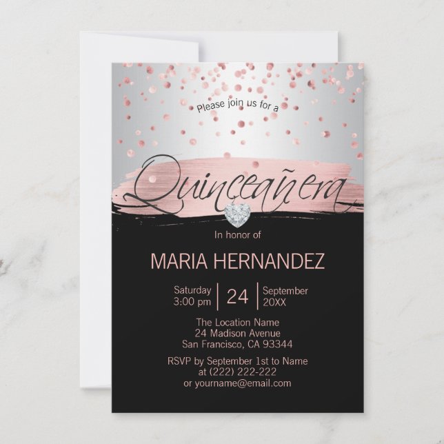 Silver Pink Rose Gold Foil Black QUINCEANERA 15 Einladung (Vorderseite)