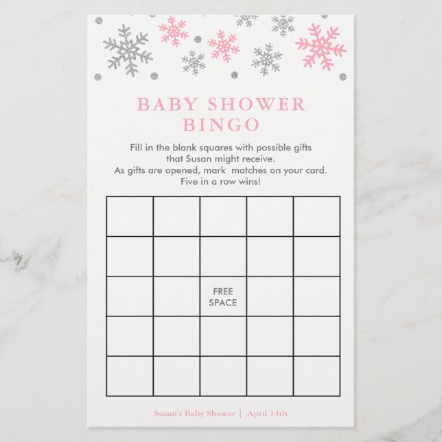 Silver-Pink Snowflake Baby Shower Bingo Game Card (Vorderseite)