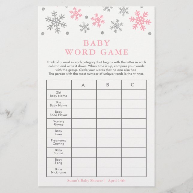 Silver-Pink Snowflake Baby Shower Word Game Card (Vorderseite)