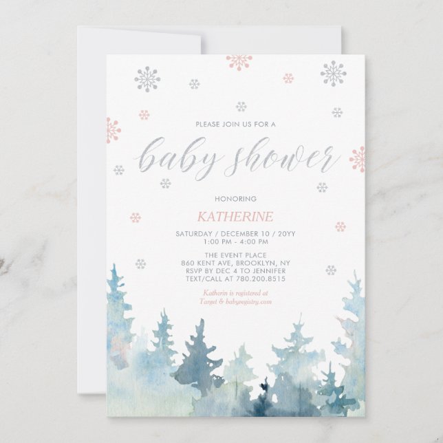 Silver & Pink Snowflake Winter Forest Baby Shower Einladung (Vorderseite)