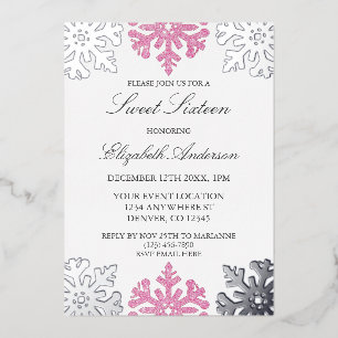 Silver Pink Snowflake Winter Sweet 16 Folieneinladung