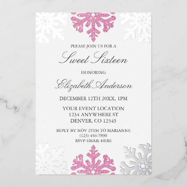 Silver Pink Snowflake Winter Sweet 16 Folieneinladung (Vorderseite)