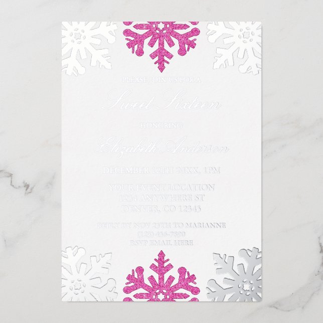Silver Pink Snowflake Winter Sweet 16 Folieneinladung (Vorderseite)
