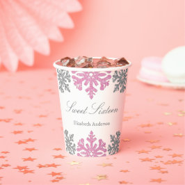 Silver Pink Snowflake Winter Sweet 16 Pappbecher