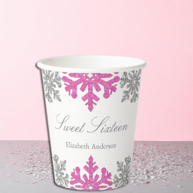 Silver Pink Snowflake Winter Sweet 16 Pappbecher (Von Creator hochgeladen)