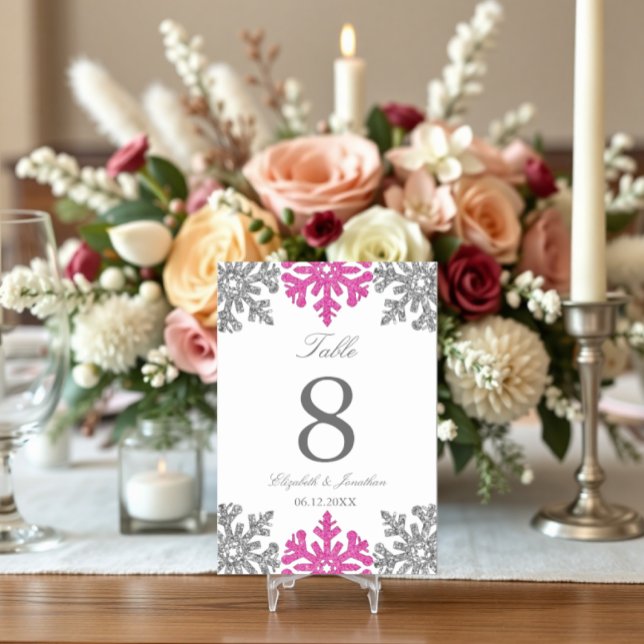 Silver Pink Snowflake Winterhochzeit Tischnummer (Von Creator hochgeladen)