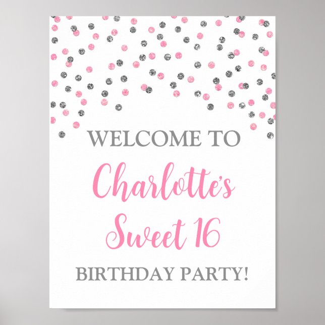 Silver Pink Sweet 16 Birthday Custom 8.5x11 Poster (Vorne)