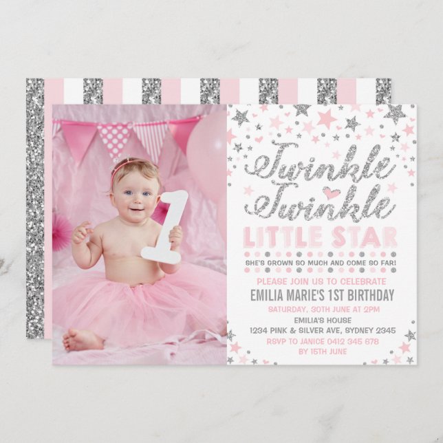 Silver & Pink Twinkle Little Star Birthday Einladu Einladung (Vorne/Hinten)