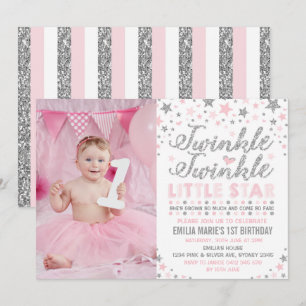 Silver & Pink Twinkle Little Star Birthday Einladu Einladung