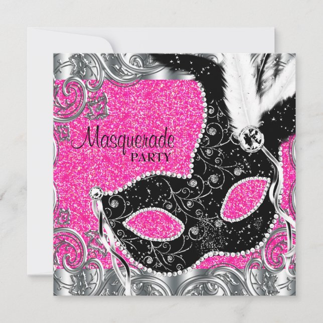 Silver Pink und Black Mask Masquerade Party Einladung (Vorderseite)