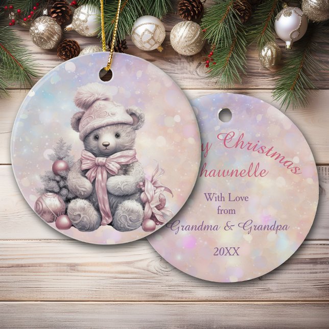 Silver Pink Weihnachten Teddy Bär Großtochter Keramik Ornament (Von Creator hochgeladen)