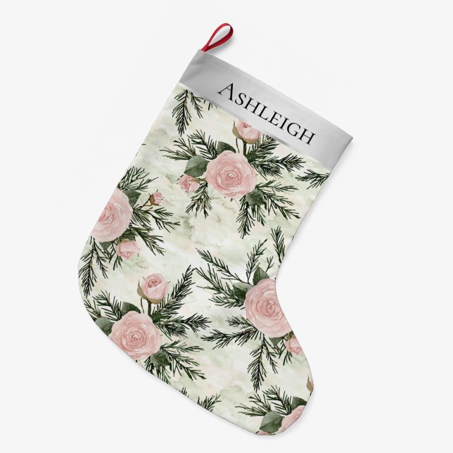 Silver Pink White Blume Weihnachten Großer Weihnachtsstrumpf (Vorderansicht (hängend))