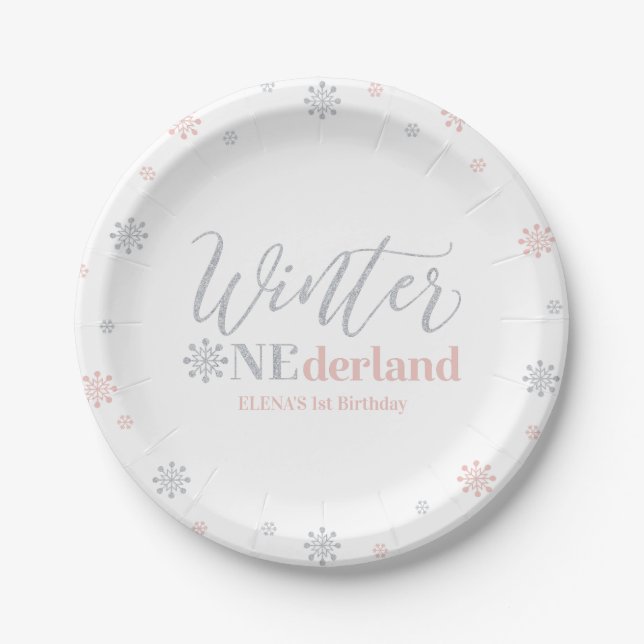 Silver & Pink Winter Onederland 1. Geburtstag Part Pappteller (Vorderseite)