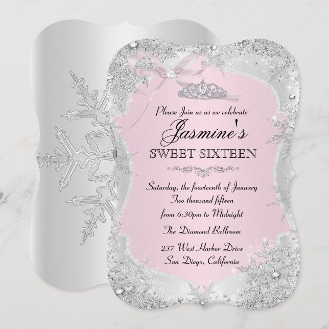 Silver Pink Winter Snowflake Sweet 16 Einladung (Vorne/Hinten)