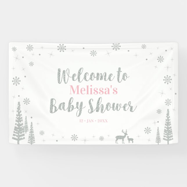 Silver Pink Winter Wonderland Baby Dusche Willkomm Banner (Horizontal)