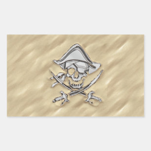 Silver Pirate Skull in der Sand-Dekoration Rechteckiger Aufkleber