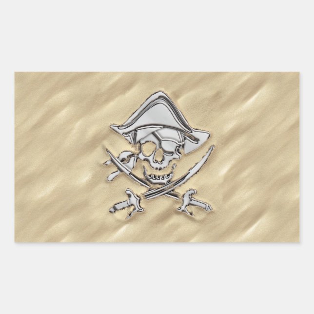 Silver Pirate Skull in der Sand-Dekoration Rechteckiger Aufkleber (Vorderseite)