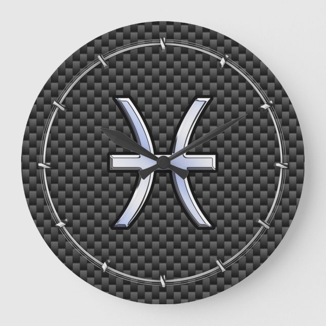 Silver Pisces Zodiac Sign auf Carbon Fibre Print Große Wanduhr (Vorderseite)