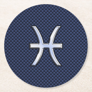 Silver Pisces Zodiac Sign Blue Carbon Fibre Print Runder Pappuntersetzer