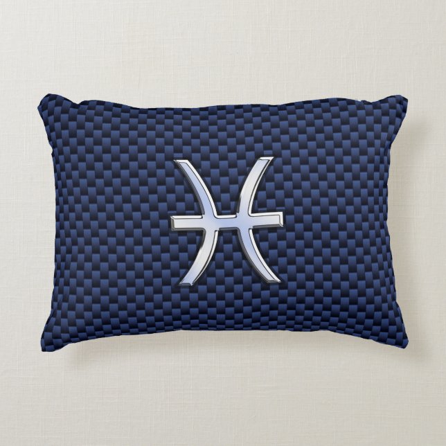 Silver Pisces Zodiac Sign Blue Carbon Fibre Print Zierkissen (Vorderseite)