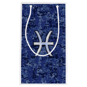 Silver Pisces Zodiac Symbol Navy Blue Digital Camo Kleine Geschenktüte