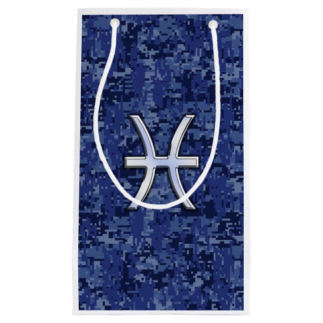 Silver Pisces Zodiac Symbol Navy Blue Digital Camo Kleine Geschenktüte (Vorderseite)