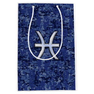 Silver Pisces Zodiac Symbol Navy Blue Digital Camo Mittlere Geschenktüte