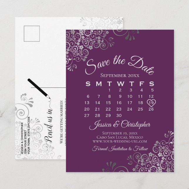 Silver Plum Purple Wedding Save the Date Calendar Ankündigungspostkarte (Vorne/Hinten)