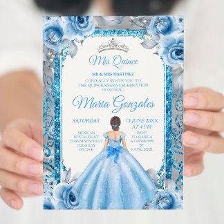 Silver Princess Blue Rose Quinceanera Einladung