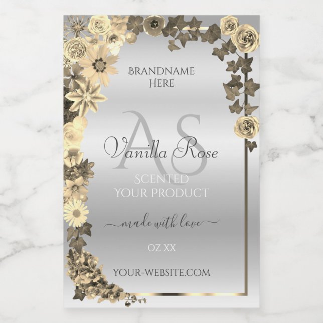 Silver Product Labels Creme Blume mit Monogram Lebensmitteletikett (Einzelnes Label)