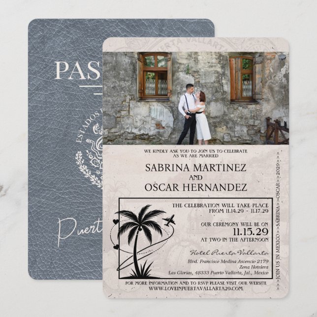Silver Puerta Vallarta Passport Wedding Einladung (Vorne/Hinten)