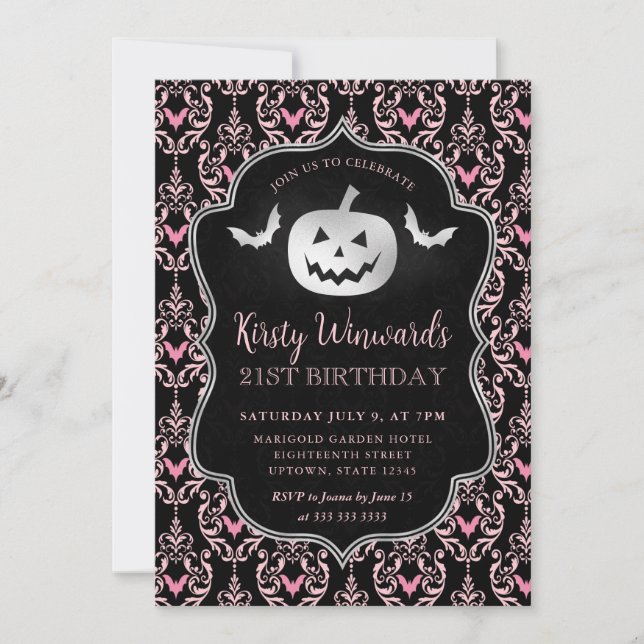 Silver Pumpkin und Pink Damask 21. Geburtstag Einladung (Vorderseite)