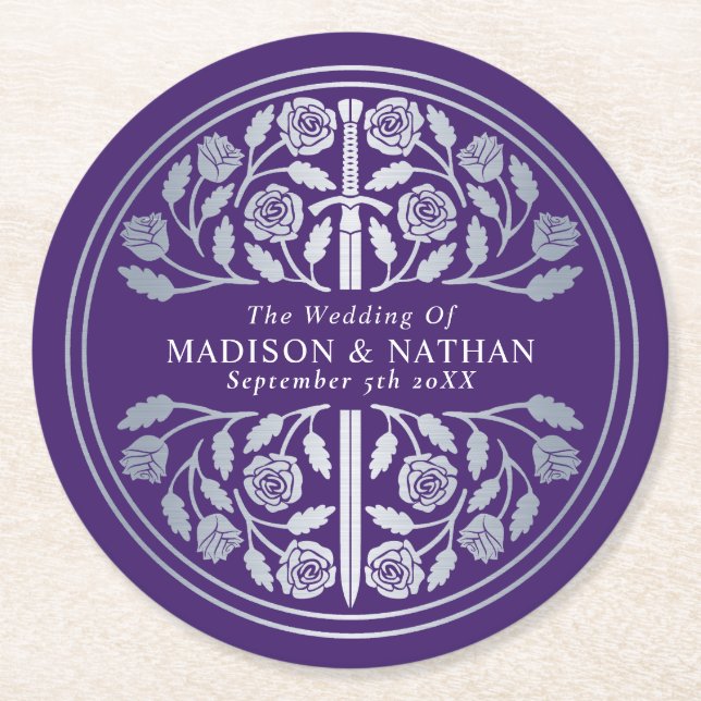 Silver Purple Royal Medieval Sword Wedding Runder Pappuntersetzer (Vorderseite)