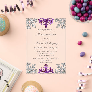 Silver Purple Snowflake Winter Quinceanera Acryleinladungen