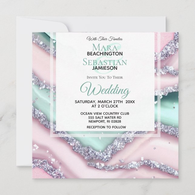 *~* Silver QR MINT PINK AGATE AR66 UAWG Wedding Einladung (Vorderseite)